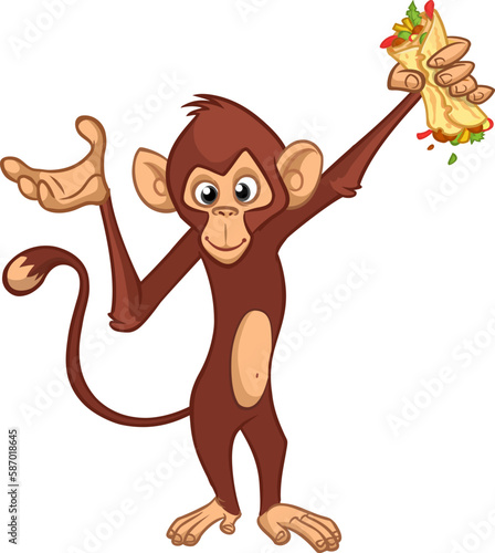 Cartoon funny monkey chimpanzee holding falafel or kebab in his hands. Vector illustration of happy monkey character design isolated