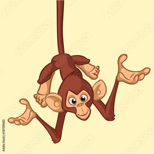 Cartoon monkey chimpanzee handing upside down on the tree branch. Vector illustration of happy monkey character