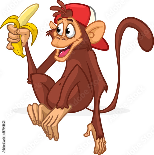 Cartoon monkey chimpanzee holding and eating banana. Vector illustration of happy monkey character design isolated