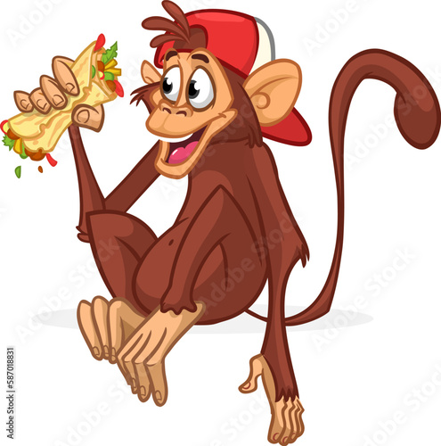 Cartoon funny monkey chimpanzee holding falafel or kebab in his hands. Vector illustration of happy monkey character design isolated