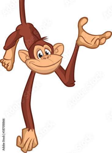 Cartoon monkey chimpanzee handing upside down on the tree branch. Vector illustration of happy monkey character