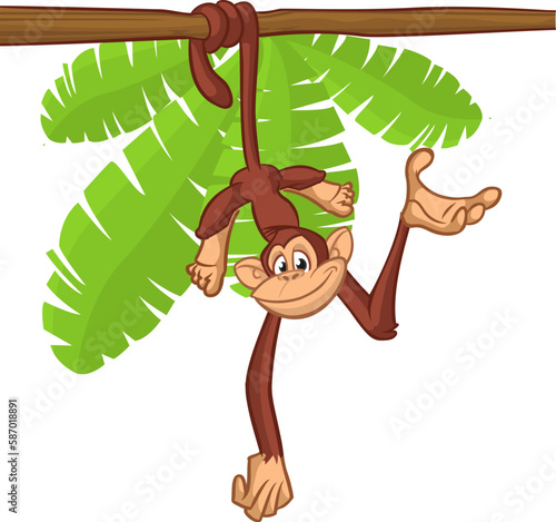 Cartoon monkey chimpanzee handing upside down on the tree branch. Vector illustration of happy monkey character