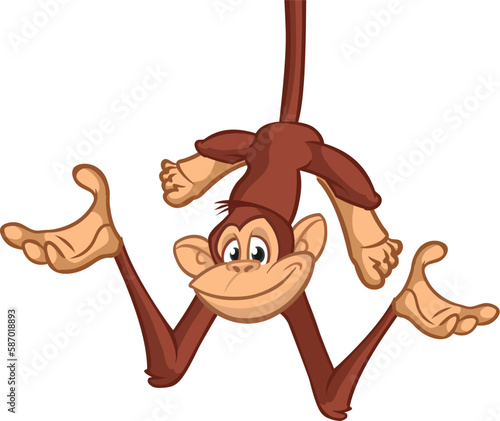 Cartoon monkey chimpanzee handing upside down on the tree branch. Vector illustration of happy monkey character