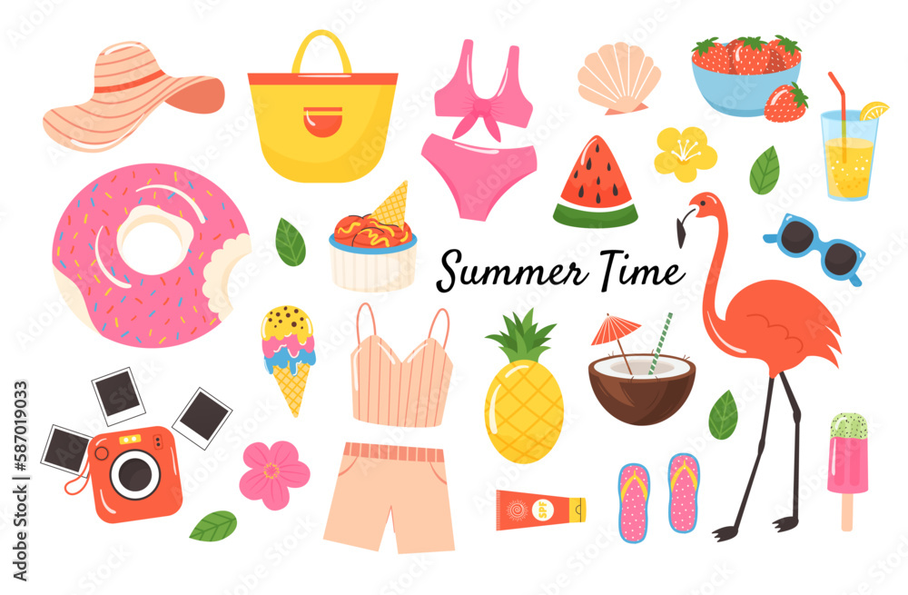 Summer colored set in flat style. Design elements of beach vacation and travel. Summertime accessories. Vector clipart isolated on white background Summer colored set in flat style. Design elements of beach vacation and travel. Summertime accessories. Vector clipart isolated on white background