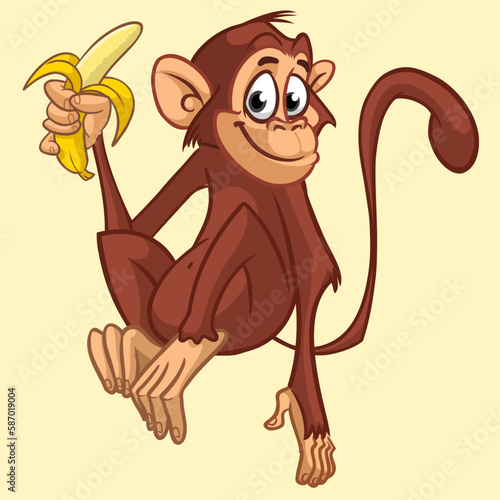 Cartoon monkey chimpanzee holding and eating banana. Vector illustration of happy monkey character design isolated