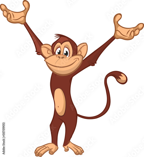 Cartoon monkey chimpanzee waving hands. Vector illustration of happy monkey character