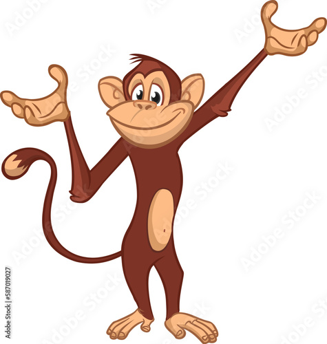 Cartoon monkey chimpanzee waving hands. Vector illustration of happy monkey character