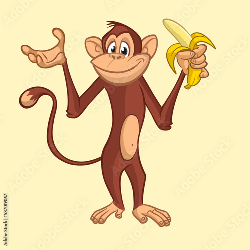 Cartoon monkey chimpanzee holding and eating banana. Vector illustration of happy monkey character design isolated