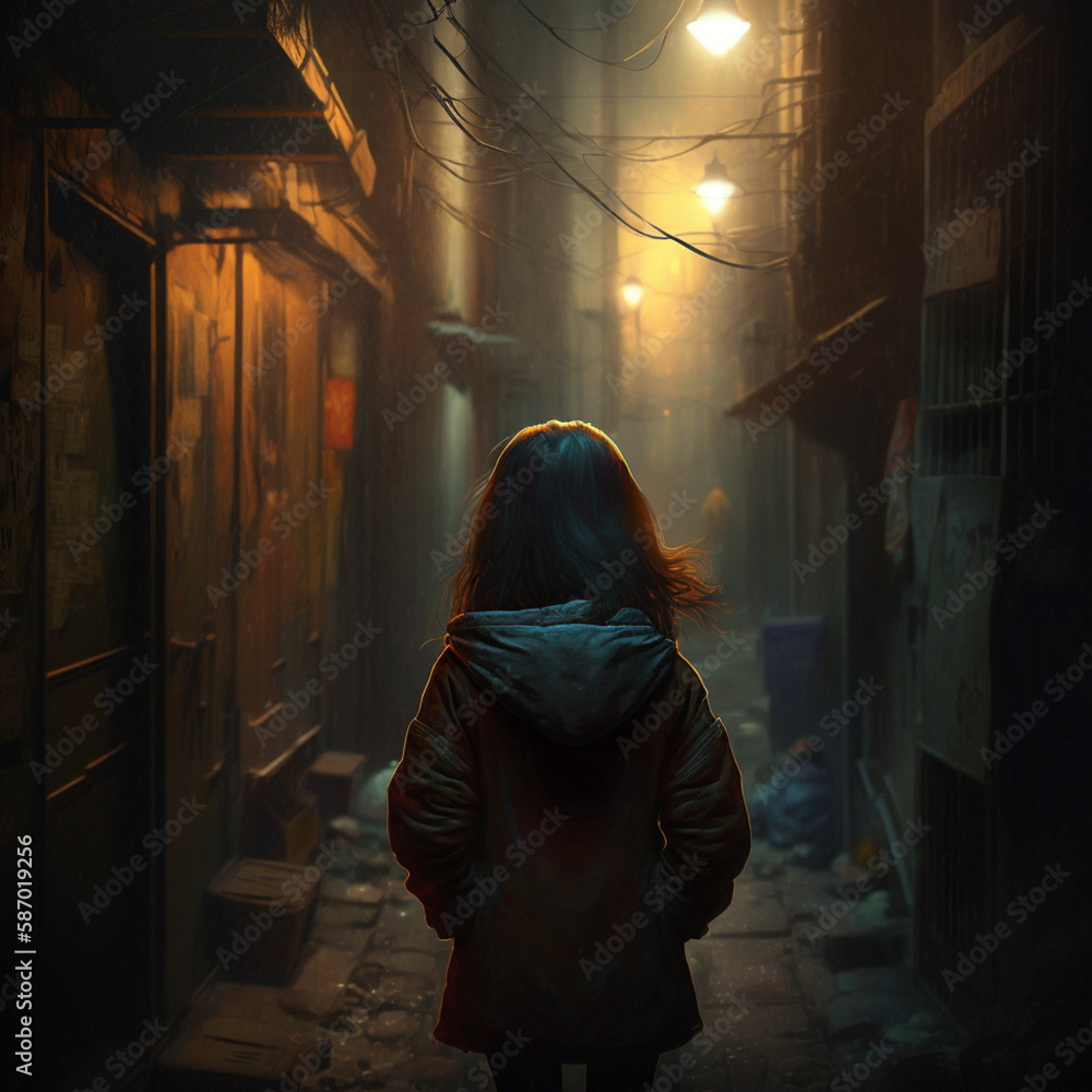 Lonely woman walking down the street at night. Generative AI. Lonely woman walking down the street at night. Generative AI.