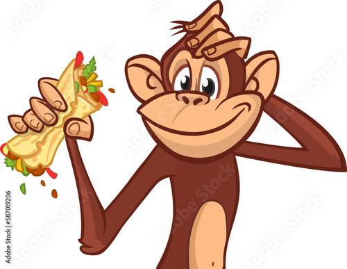 Cartoon funny monkey chimpanzee holding falafel or kebab in his hands. Vector illustration of happy monkey character design isolated