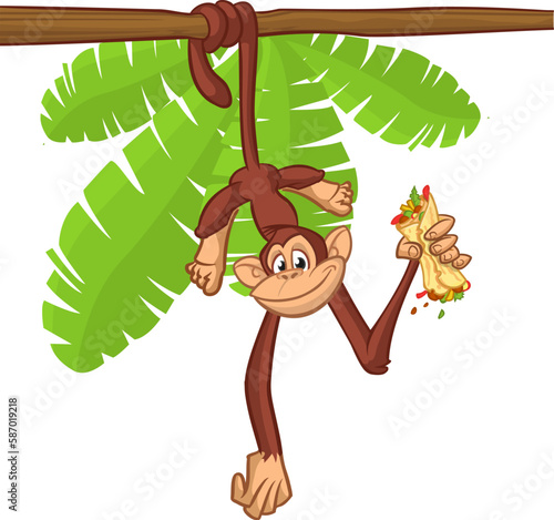 Cartoon monkey chimpanzee handing upside down on the tree branch. Vector illustration of happy monkey character