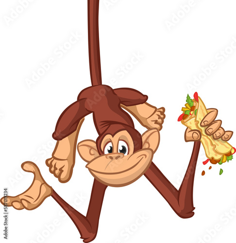 Cartoon funny monkey chimpanzee holding falafel or kebab in his hands. Vector illustration of happy monkey character design isolated
