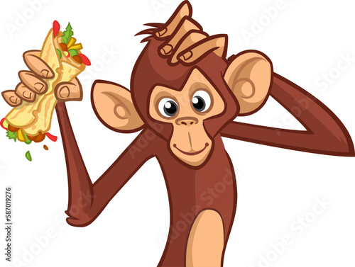 Cartoon funny monkey chimpanzee holding falafel or kebab in his hands. Vector illustration of happy monkey character design isolated