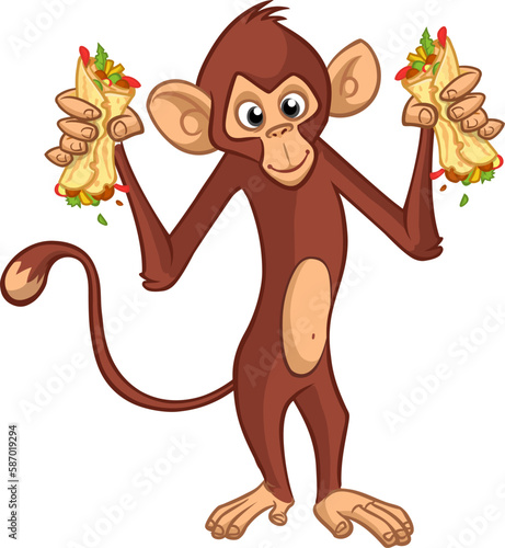 Cartoon funny monkey chimpanzee holding falafel or kebab in his hands. Vector illustration of happy monkey character design isolated