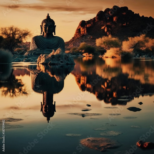 Buddha statue in a lake. Generative AI. © DALU11