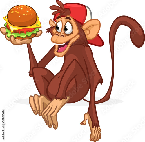 Cartoon funny monkey chimpanzee holding hamburger of cheeseburger in his hands. Vector illustration of happy monkey character design isolated