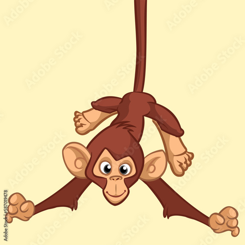 Cartoon monkey chimpanzee handing upside down on the tree branch. Vector illustration of happy monkey character