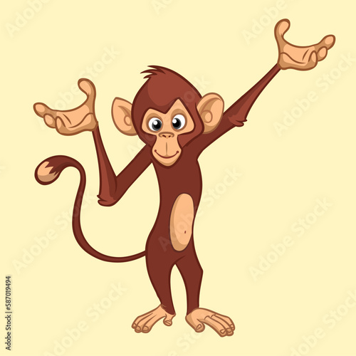 Cartoon monkey chimpanzee showing or presenting. Vector illustration of happy monkey character design isolated