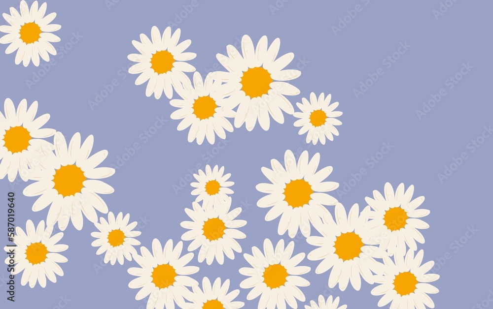 Seamless pattern with daisy flower and little hearts on blue background. White heart and daisy icons Seamless pattern with daisy flower and little hearts on blue background. White heart and daisy icons
