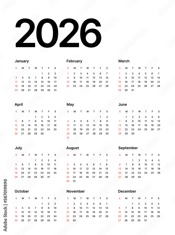 Annual calendar template for 2026 year. Week Starts on Sunday. Business calendar in a minimalist style for 2026 year. Annual calendar template for 2026 year. Week Starts on Sunday. Business calendar in a minimalist style for 2026 year.