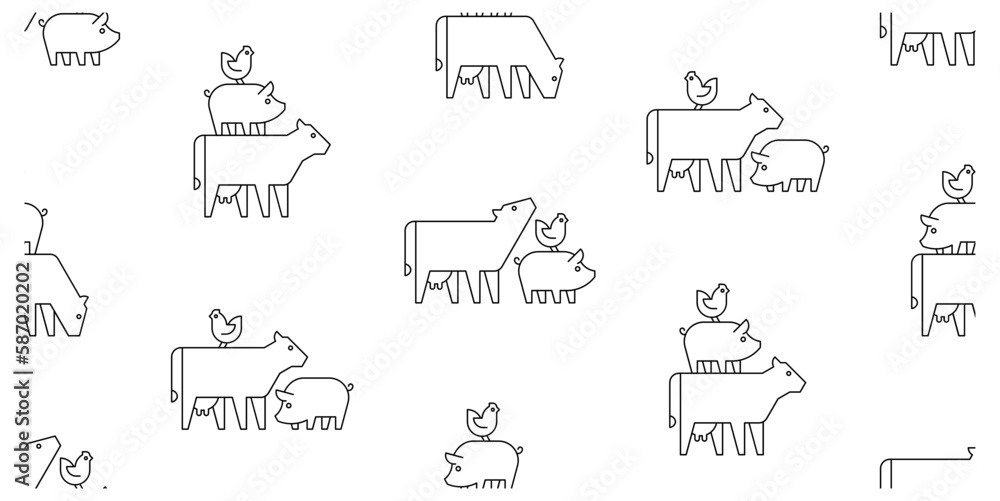 Seamless pattern with Farm animals logo cow, pig and chicken. isolated on white background