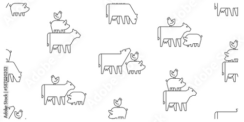 Seamless pattern with Farm animals logo cow  pig and chicken. isolated on white background