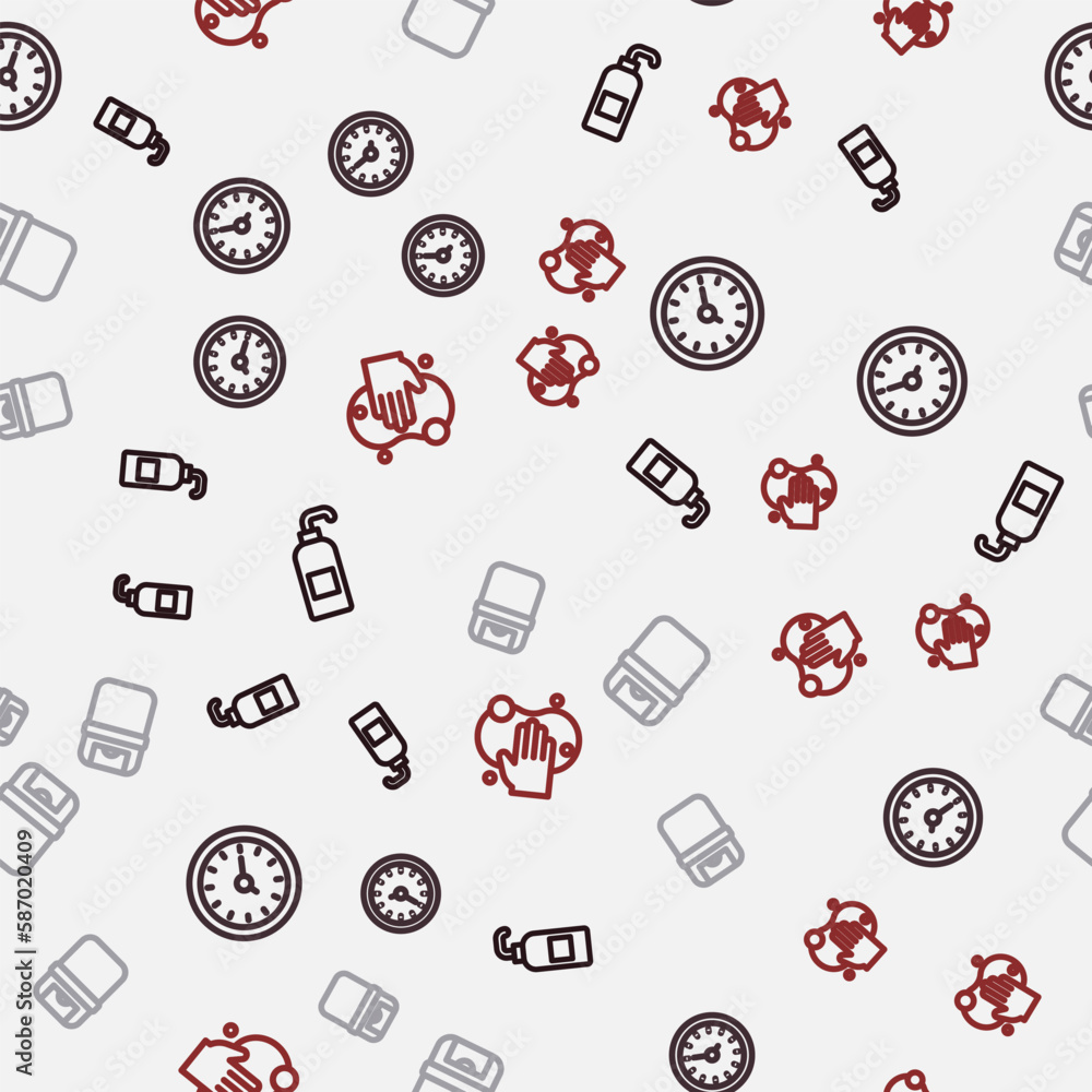 Set line Antibacterial soap, Clock, Trash can and Sponge on seamless pattern. Vector Set line Antibacterial soap, Clock, Trash can and Sponge on seamless pattern. Vector