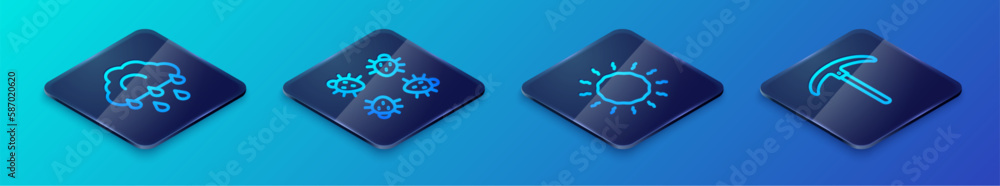 Set Isometric line Sun, Cloud with rain, Pickaxe and Colorado beetle icon. Vector Set Isometric line Sun, Cloud with rain, Pickaxe and Colorado beetle icon. Vector