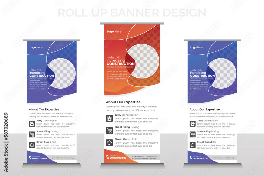 Fototapeta premium Modern roll up banner template for the exhibition, Construction Business stand, editable roll up banner vector template, Vertical roll up, x-stand, exhibition display, Retractable banner stand,