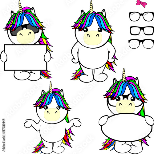 chibi unicorn kid cartoon billboard and glasses pack illustration in vector format photo