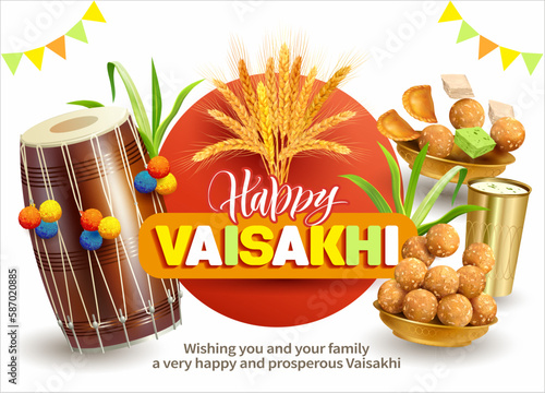 Greeting poster with dhol (drum) and traditional sweets laddu for Punjabi harvest (and New Year) festival Vaisakhi (Baisakhi, Lohri). Vector illustration. 
