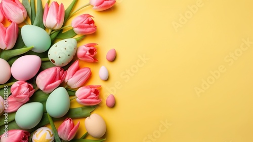 Top View of Happy Easter greeting background with tulips and decorative eggs