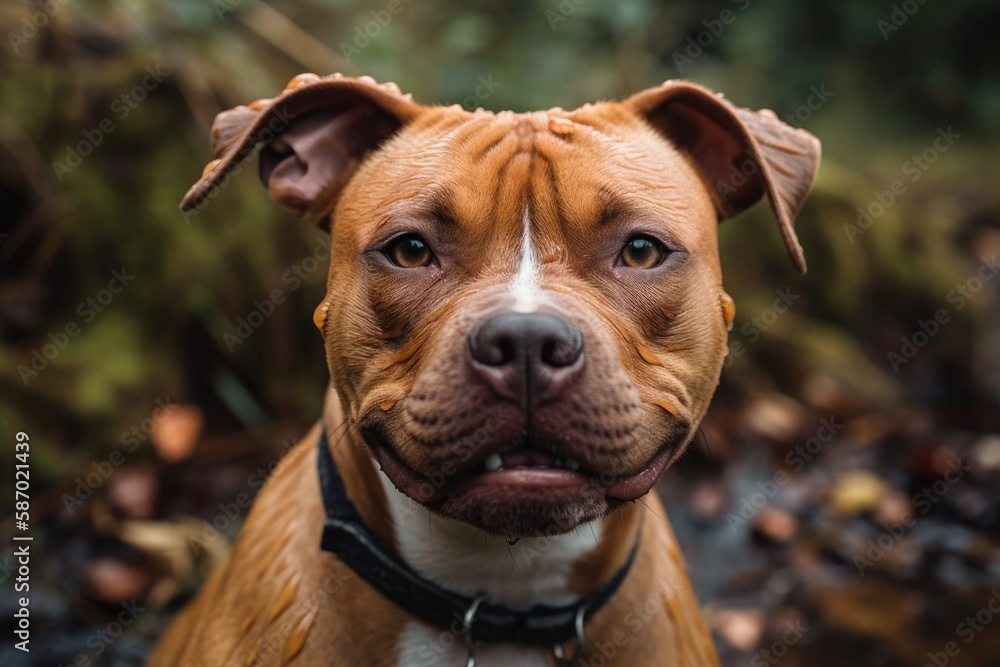 a close up of a Staffordshire Terrier dog having fun. Generative AI a close up of a Staffordshire Terrier dog having fun. Generative AI