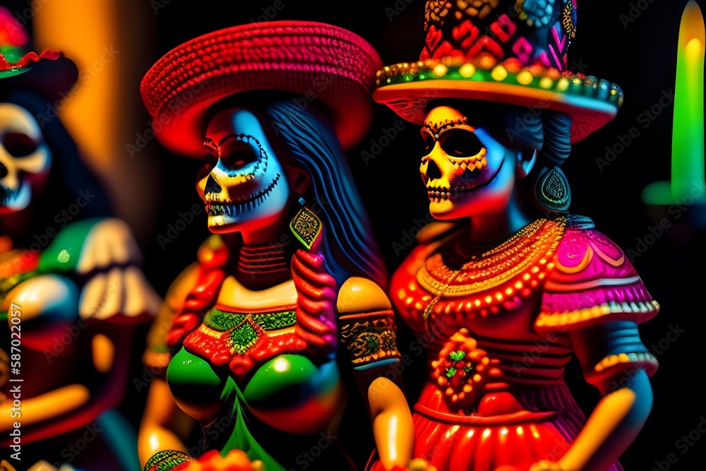 Rendering of The Beauty of Death: Mexican La Catrina Figures. Generative AI. 