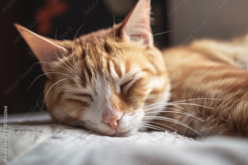 A cute kitty is sleeping on the bed. A cat's head in close up. Generative AI