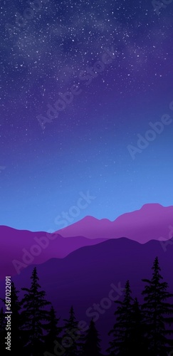 Night landscape with purple mountains and a clear starry sky