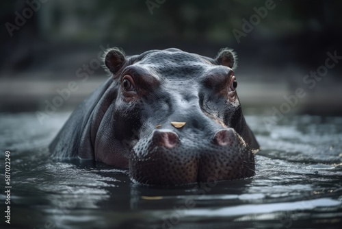 Hippopotamus floating in the water, close up of the eyes. Nature and animals. superior photograph. Generative AI