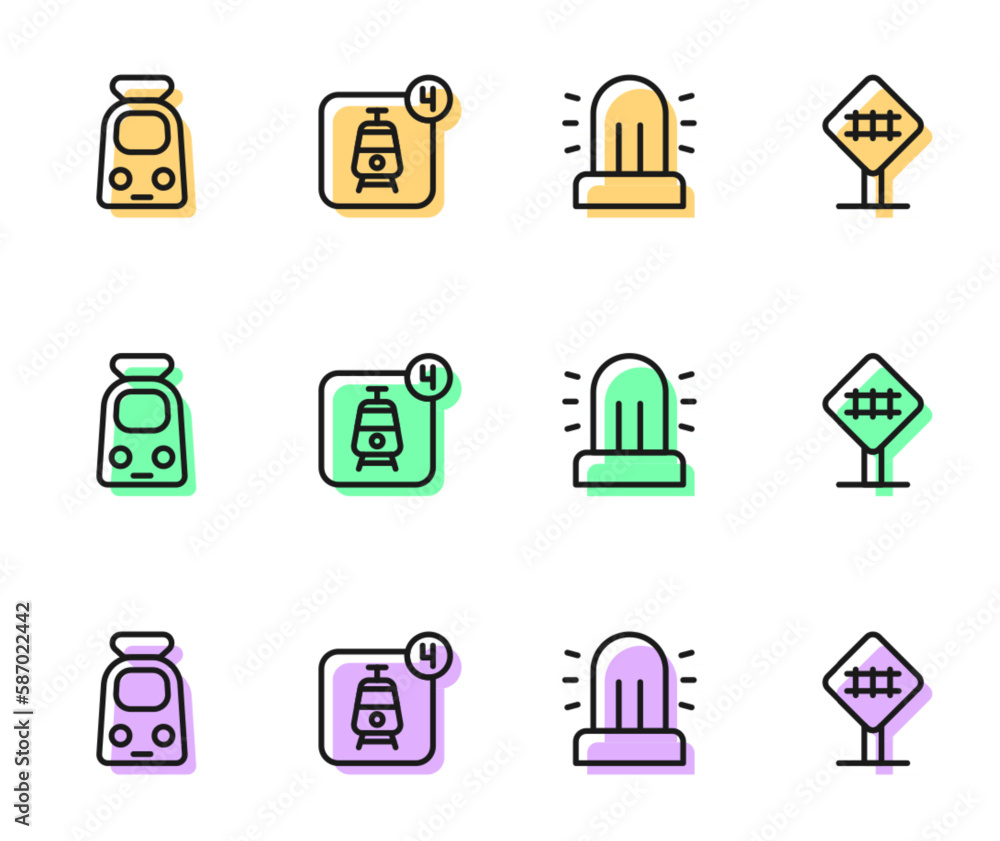 Set line Flasher siren, Train and railway, Online ticket booking and Railroad crossing icon. Vector Set line Flasher siren, Train and railway, Online ticket booking and Railroad crossing icon. Vector