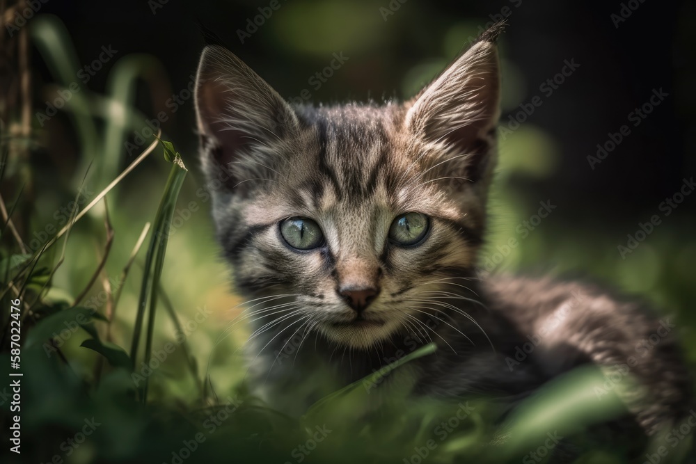 Shallow depth of field portrait of a cute kitten lying on a lawn made of green grass. On a hot day, a cat is hunting on the grass. Generative AI