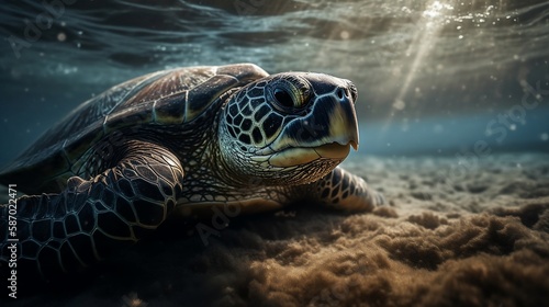 Sea turtle with beams of light in the background (Generative AI) © Sean