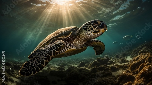 Sea turtle with beams of light in the background  Generative AI 