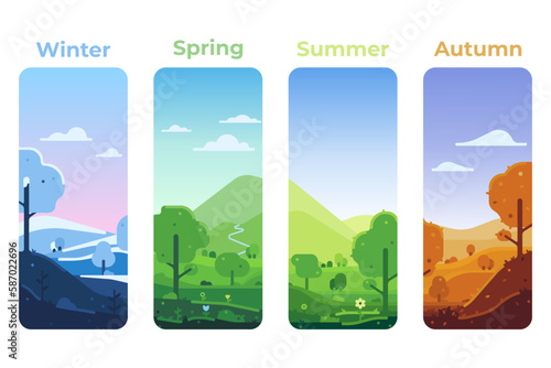 4 Season landscape illustration. Flat nature landscape illustration. Winter, spring, summer, autumn vector landscape.