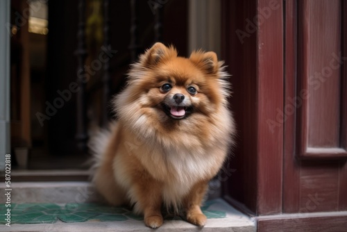 Cute dog with long hair in front of the door. Generative AI