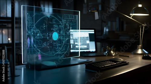 Laptop, Holografie, Digitale Inhalte, Zukunft, Technologie, Fortschritt, Innovation, 3D, Virtual Reality, Augmented Reality, Gaming, Design, Kreativität, Bildung, Arbeit, Unterhaltung, Film, Musik