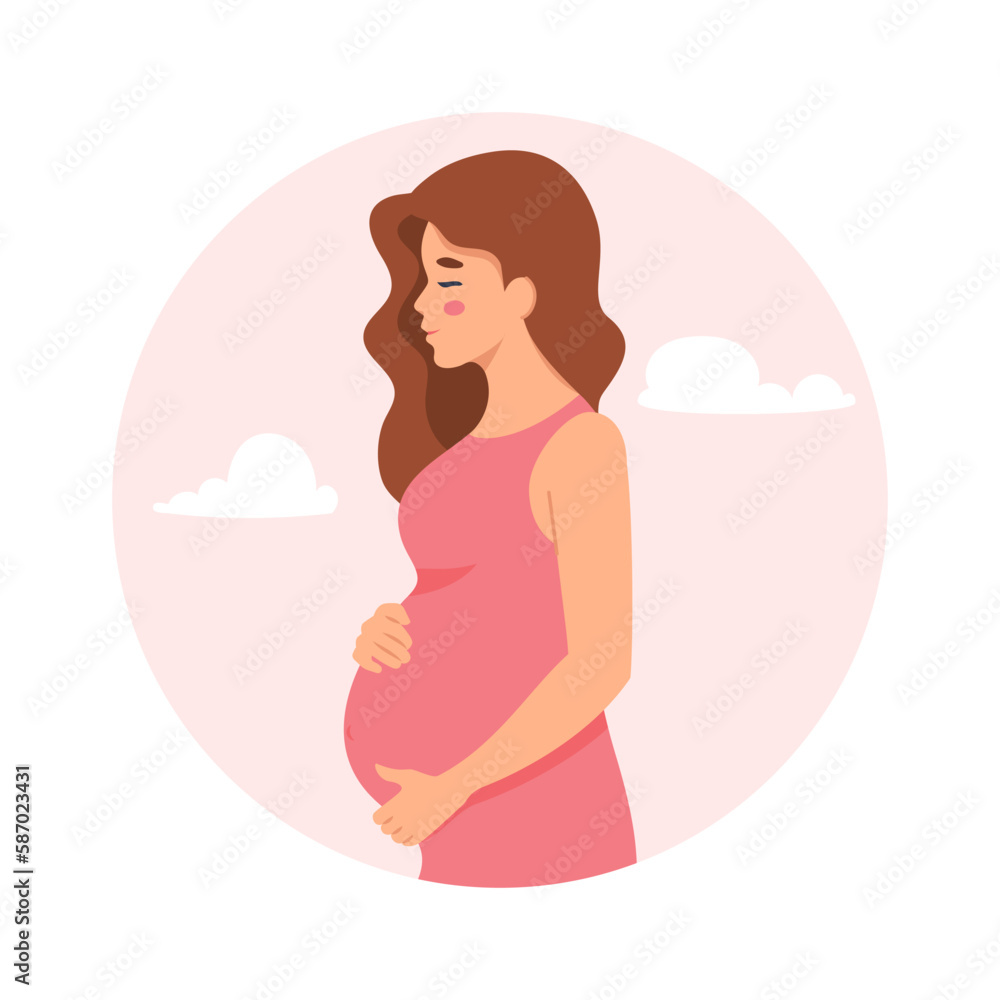 Pregnant woman in circle with clouds. Pregnancy and motherhood. Waiting for baby.Vector illustration in flat style Pregnant woman in circle with clouds. Pregnancy and motherhood. Waiting for baby.Vector illustration in flat style