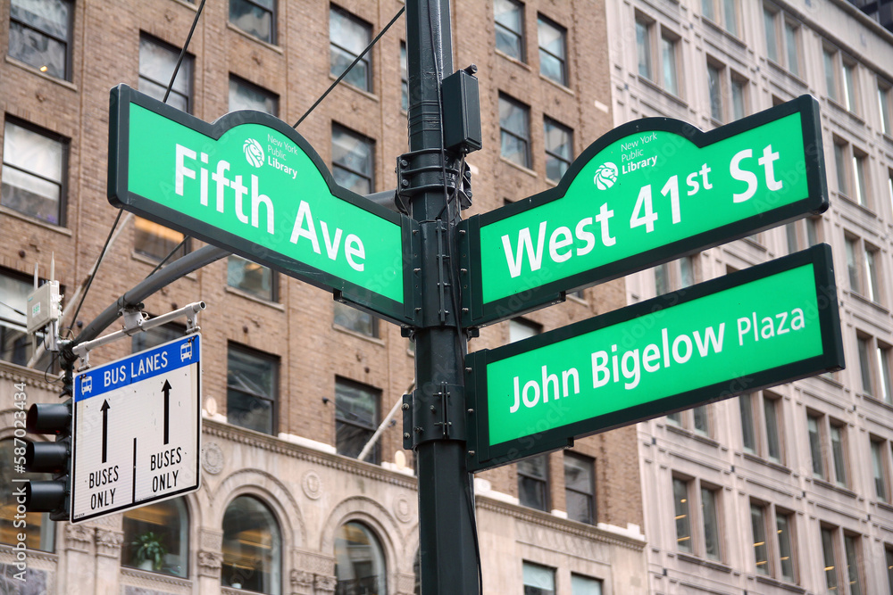 Green West 41st Street and Fifth Ave Bryant Park traditional sign in Midtown Manhattan Green West 41st Street and Fifth Ave Bryant Park traditional sign in Midtown Manhattan