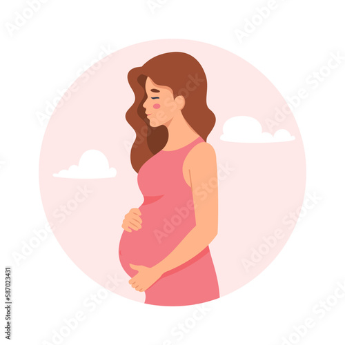Pregnant woman in circle with clouds. Pregnancy and motherhood. Waiting for baby.Vector illustration in flat style