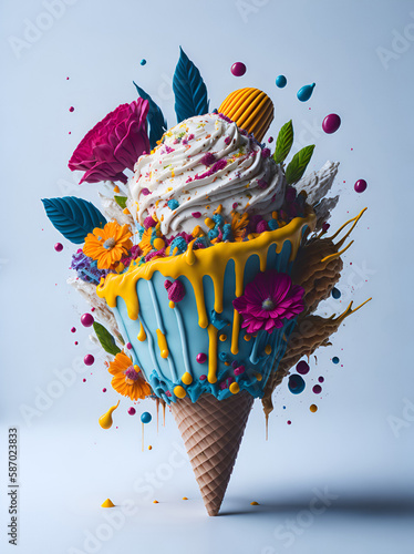 Ice cream cone flowers splaash concept. AI generated illustration photo