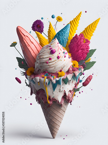 Ice cream cone flowers splaash concept. AI generated illustration photo