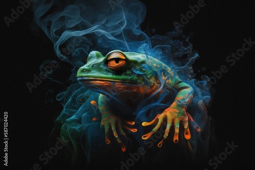 Tree Frog with blue and orange colors, surrounded by smoke on black background, generative ai © pham